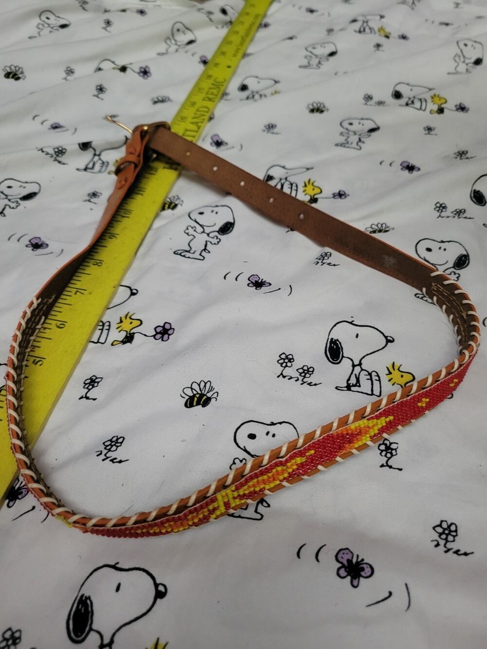 Vintage Leather Thin Belt Thunderbird Beaded Western Native American XS or Child